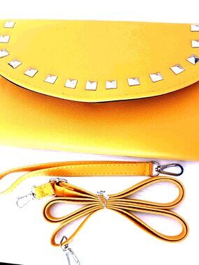 Multi Studded Yellow Long Wallet + Crossbody Strap + Keychain-Faux Leather